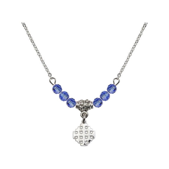 18-Inch Rhodium Plated Necklace with 4mm Blue September Birth Month Stone Beads and Jerusalem Cross Charm