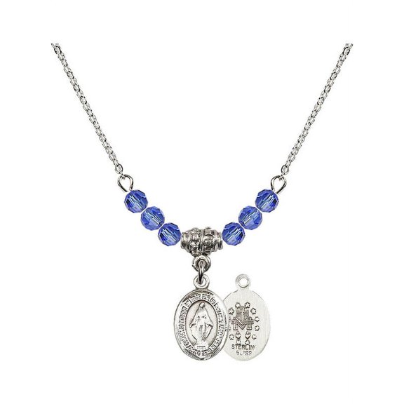 18-Inch Rhodium Plated Necklace with 4mm Blue September Birth Month Stone Beads and Miraculous Charm