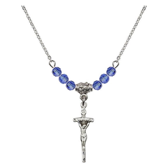 18-Inch Rhodium Plated Necklace with 4mm Blue September Birth Month Stone Beads and Papal Crucifix Charm