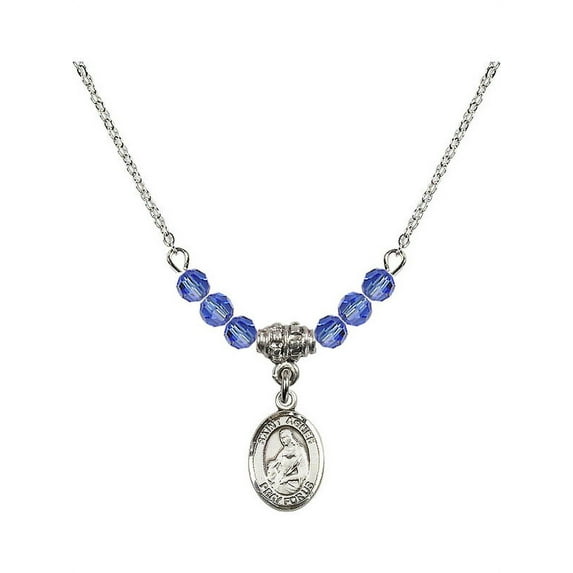 18-Inch Rhodium Plated Necklace with 4mm Blue September Birth Month Stone Beads and Saint Agnes of Rome Charm