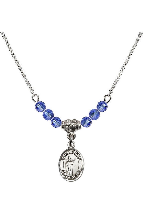 18-Inch Rhodium Plated Necklace with 4mm Blue September Birth Month Stone Beads and Saint Aidan of Lindesfarne Charm