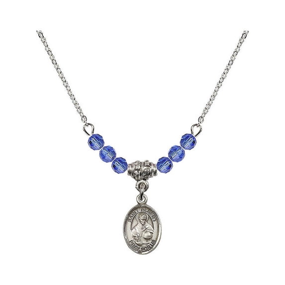 18-Inch Rhodium Plated Necklace with 4mm Blue September Birth Month Stone Beads and Saint Albert the Great Charm