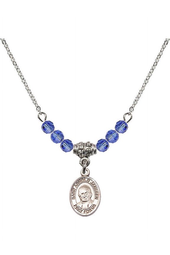 18-Inch Rhodium Plated Necklace with 4mm Blue September Birth Month Stone Beads and Saint Arnold Janssen Charm