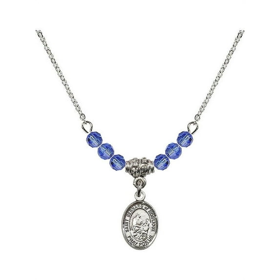 18-Inch Rhodium Plated Necklace with 4mm Blue September Birth Month Stone Beads and Saint Bernard of Montjoux Charm