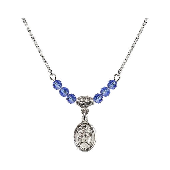 18-Inch Rhodium Plated Necklace with 4mm Blue September Birth Month Stone Beads and Saint Edwin Charm