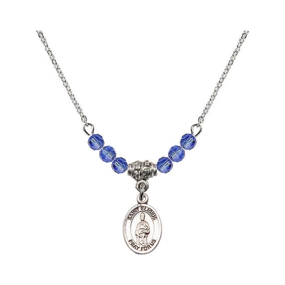 18-Inch Rhodium Plated Necklace with 4mm Blue September Birth Month Stone Beads and Saint Eligius Charm