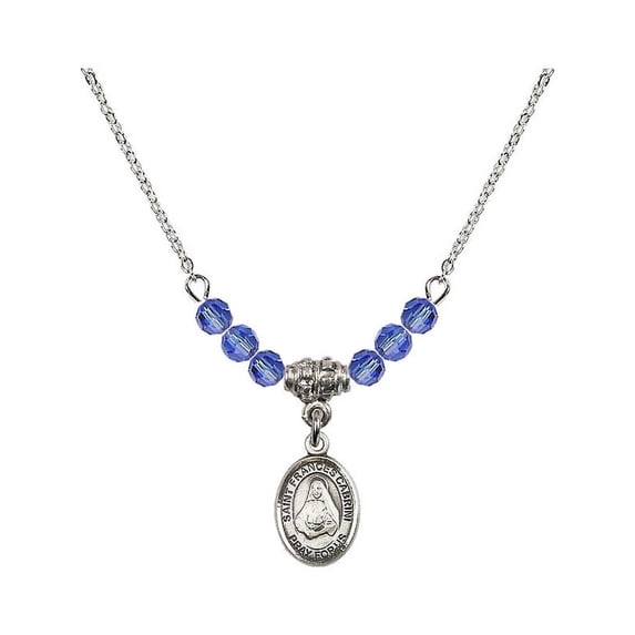 18-Inch Rhodium Plated Necklace with 4mm Blue September Birth Month Stone Beads and Saint Frances Cabrini Charm