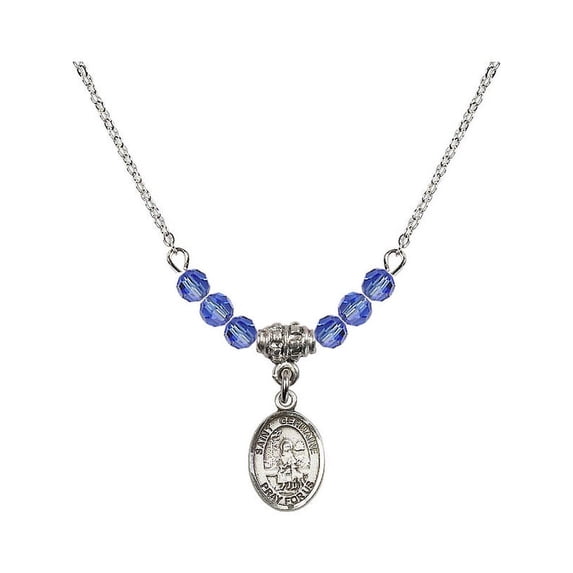 18-Inch Rhodium Plated Necklace with 4mm Blue September Birth Month Stone Beads and Saint Germaine Cousin Charm