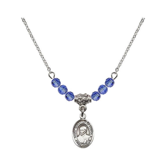 18-Inch Rhodium Plated Necklace with 4mm Blue September Birth Month Stone Beads and Saint Ignatius of Loyola Charm