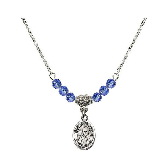 18-Inch Rhodium Plated Necklace with 4mm Blue September Birth Month Stone Beads and Saint John Paul II Charm