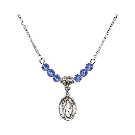 18-Inch Rhodium Plated Necklace with 4mm Blue September Birth Month Stone Beads and Saint Justin Charm