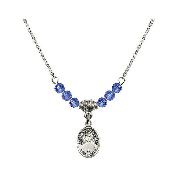 18-Inch Rhodium Plated Necklace with 4mm Blue September Birth Month Stone Beads and Saint Maria Faustina Charm
