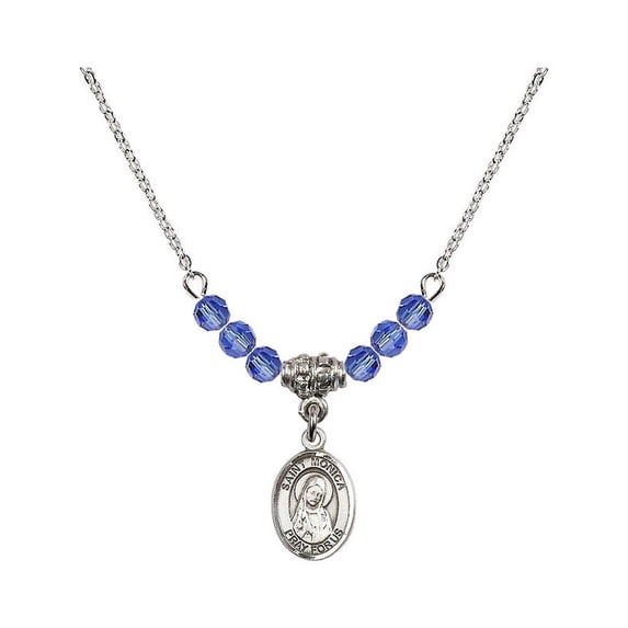 18-Inch Rhodium Plated Necklace with 4mm Blue September Birth Month Stone Beads and Saint Monica Charm
