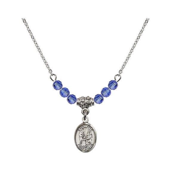 18-Inch Rhodium Plated Necklace with 4mm Blue September Birth Month Stone Beads and Saint Zita Charm