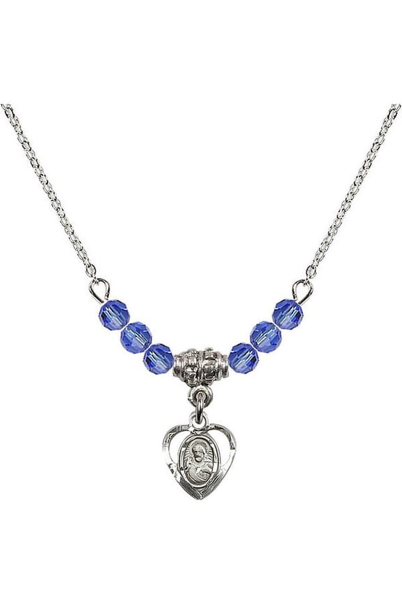 18-Inch Rhodium Plated Necklace with 4mm Blue September Birth Month Stone Beads and Scapular Charm