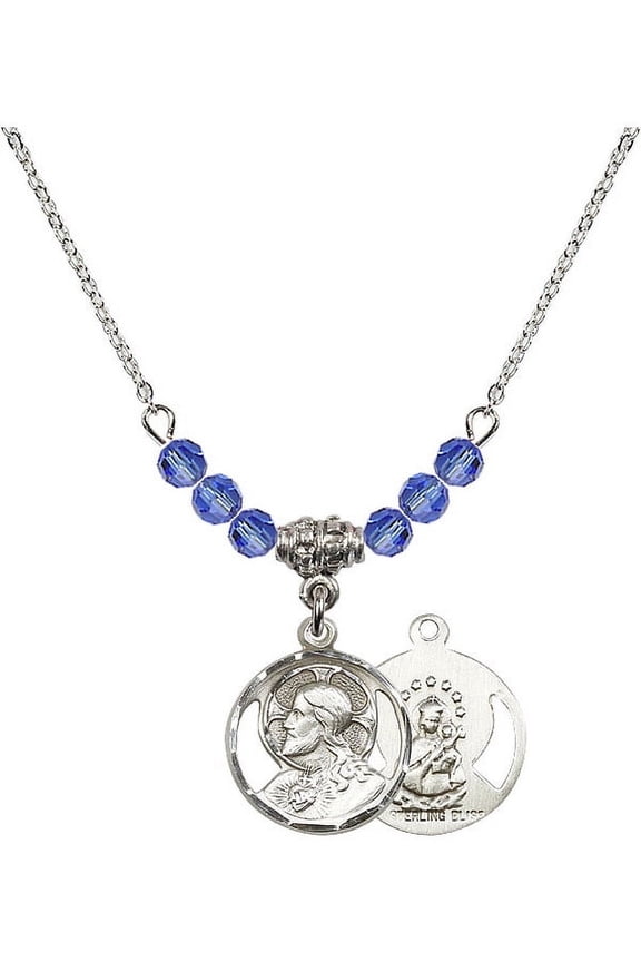 18-Inch Rhodium Plated Necklace with 4mm Blue September Birth Month Stone Beads and Scapular Charm