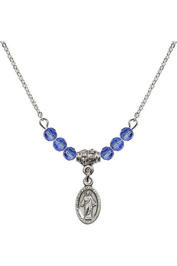 18-Inch Rhodium Plated Necklace with 4mm Blue September Birth Month Stone Beads and Scapular Charm