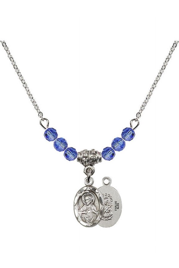 18-Inch Rhodium Plated Necklace with 4mm Blue September Birth Month Stone Beads and Scapular Charm