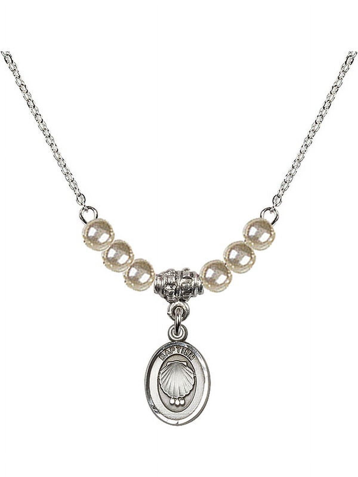 18-Inch Rhodium Plated Necklace with 4mm Faux-Pearl Beads and Baptism Charm