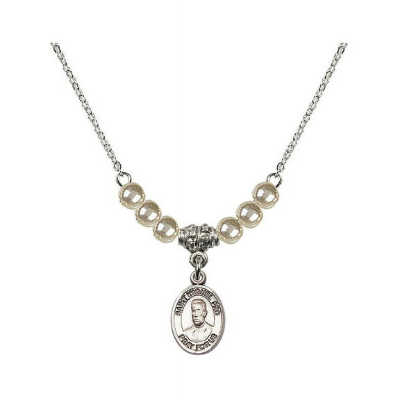 18-Inch Rhodium Plated Necklace with 4mm Faux-Pearl Beads and Blessed Miguel Pro Charm