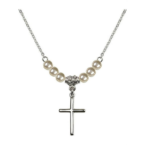 18-Inch Rhodium Plated Necklace with 4mm Faux-Pearl Beads and Cross Charm