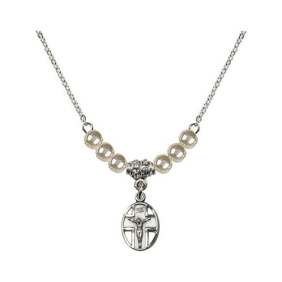 18-Inch Rhodium Plated Necklace with 4mm Faux-Pearl Beads and Crucifix Charm