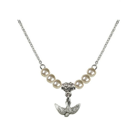 18-Inch Rhodium Plated Necklace with 4mm Faux-Pearl Beads and Holy Spirit Charm