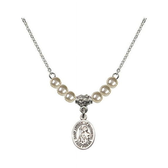 18-Inch Rhodium Plated Necklace with 4mm Faux-Pearl Beads and Saint Adrian of Nicomedia Charm