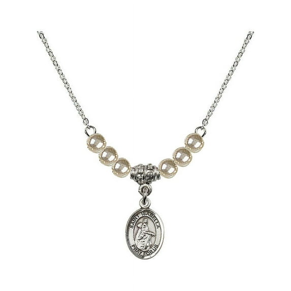 18-Inch Rhodium Plated Necklace with 4mm Faux-Pearl Beads and Saint Isabella of Portugal Charm