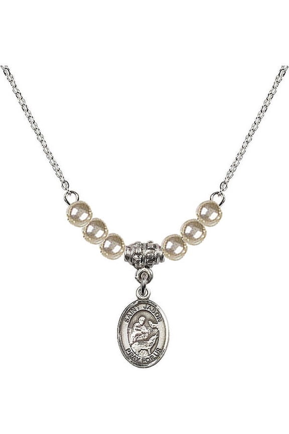 18-Inch Rhodium Plated Necklace with 4mm Faux-Pearl Beads and Saint Jason Charm