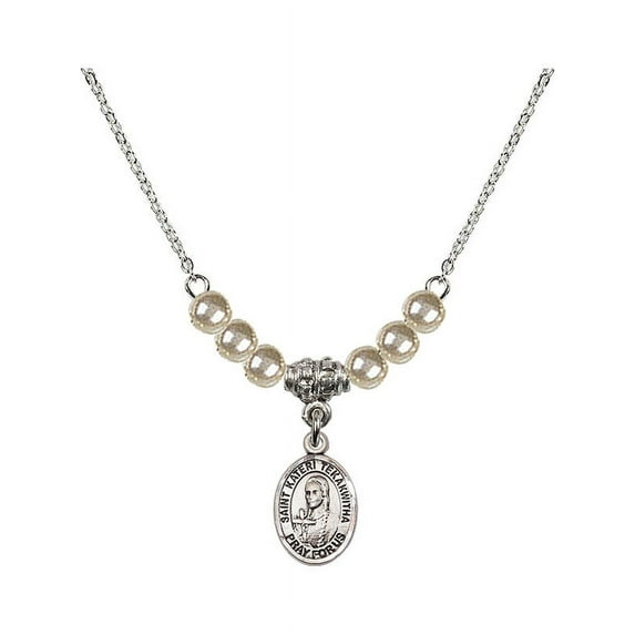 18-Inch Rhodium Plated Necklace with 4mm Faux-Pearl Beads and Saint Kateri Tekakwitha Charm