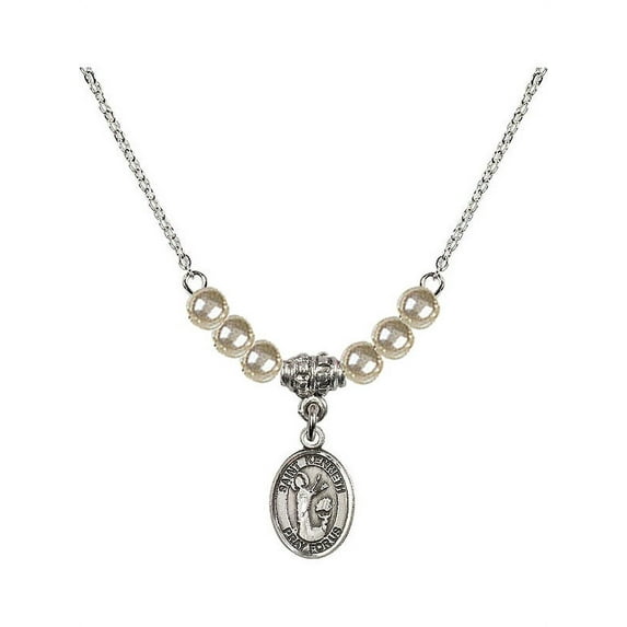 18-Inch Rhodium Plated Necklace with 4mm Faux-Pearl Beads and Saint Kenneth Charm