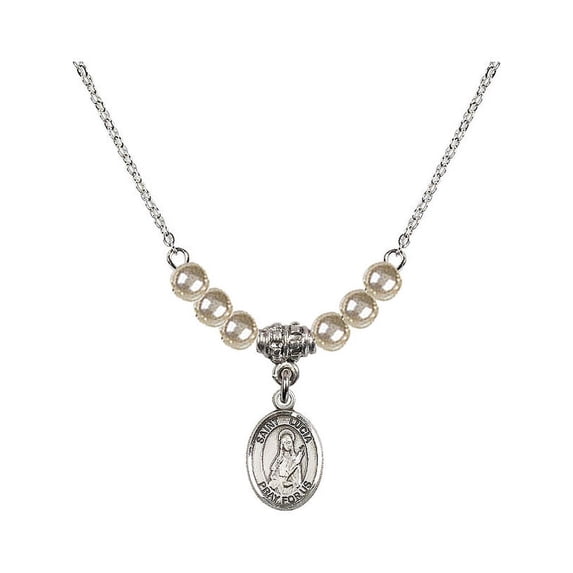 18-Inch Rhodium Plated Necklace with 4mm Faux-Pearl Beads and Saint Lucia of Syracuse Charm