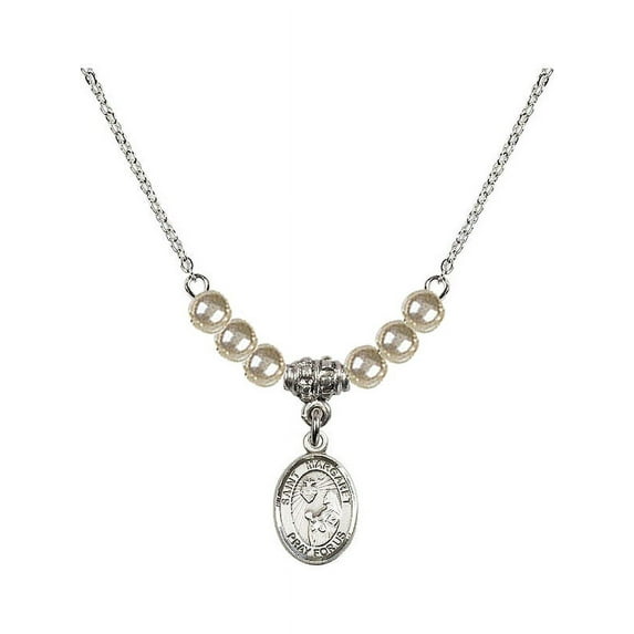 18-Inch Rhodium Plated Necklace with 4mm Faux-Pearl Beads and Saint Margaret Mary Alacoque Charm