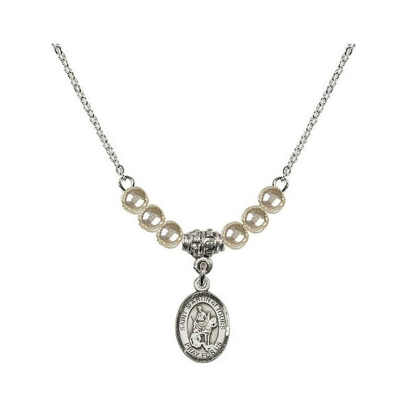 18-Inch Rhodium Plated Necklace with 4mm Faux-Pearl Beads and Saint Martin of Tours Charm