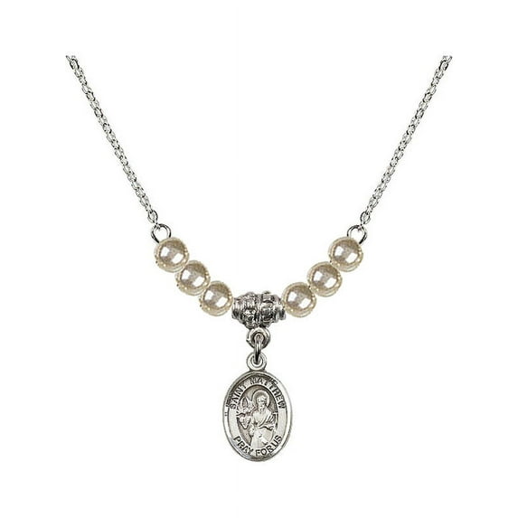 18-Inch Rhodium Plated Necklace with 4mm Faux-Pearl Beads and Saint Matthew the Apostle Charm