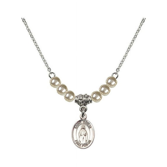18-Inch Rhodium Plated Necklace with 4mm Faux-Pearl Beads and Saint Odilia Charm