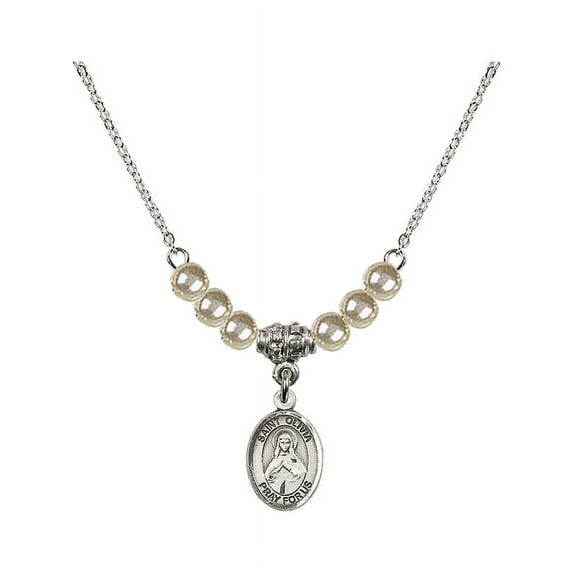 18-Inch Rhodium Plated Necklace with 4mm Faux-Pearl Beads and Saint Olivia Charm