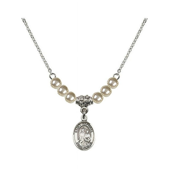 18-Inch Rhodium Plated Necklace with 4mm Faux-Pearl Beads and Saint Raphael the Archangel Charm
