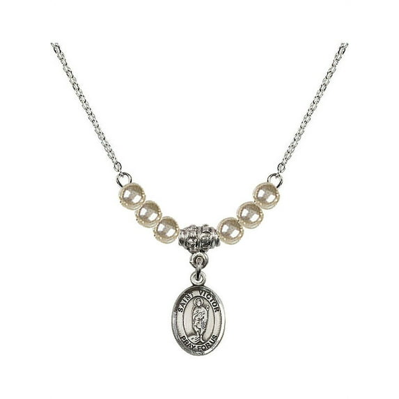 18-Inch Rhodium Plated Necklace with 4mm Faux-Pearl Beads and Saint Victor of Marseilles Charm