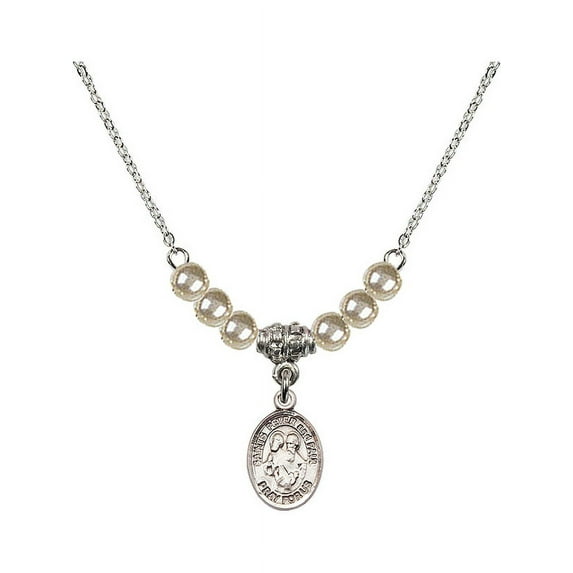 18-Inch Rhodium Plated Necklace with 4mm Faux-Pearl Beads and Saints Peter & Paul Charm