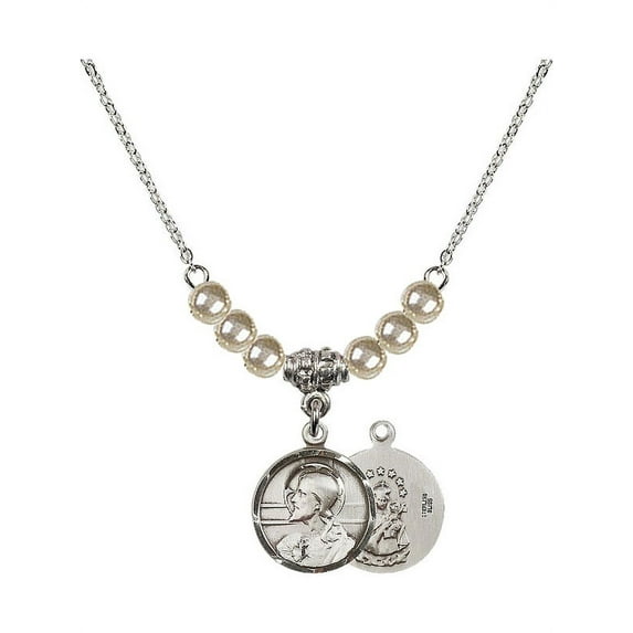 18-Inch Rhodium Plated Necklace with 4mm Faux-Pearl Beads and Scapular Charm