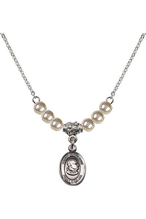 18-Inch Rhodium Plated Necklace with 4mm Faux-Pearl Beads and St John XXIII Charm
