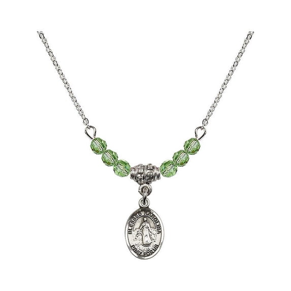 18-Inch Rhodium Plated Necklace with 4mm Green August Birth Month Stone Beads and Blessed Karolina Kozkowna Charm