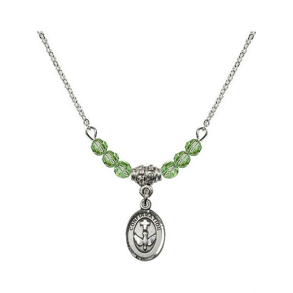 18-Inch Rhodium Plated Necklace with 4mm Green August Birth Month Stone Beads and Confirmation Charm