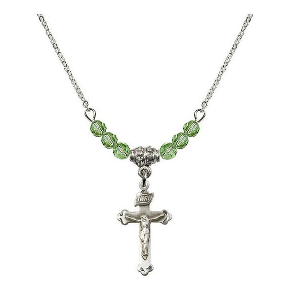 18-Inch Rhodium Plated Necklace with 4mm Green August Birth Month Stone Beads and Crucifix Charm