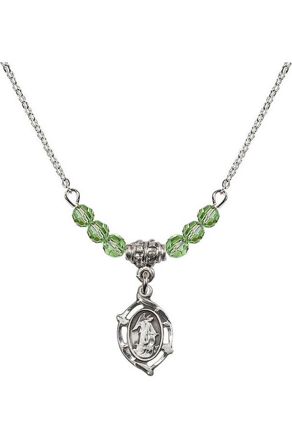 18-Inch Rhodium Plated Necklace with 4mm Green August Birth Month Stone Beads and Guardian Angel Charm