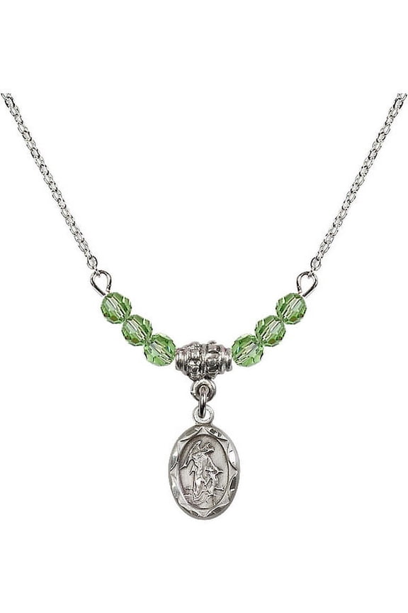 18-Inch Rhodium Plated Necklace with 4mm Green August Birth Month Stone Beads and Guardian Angel Charm
