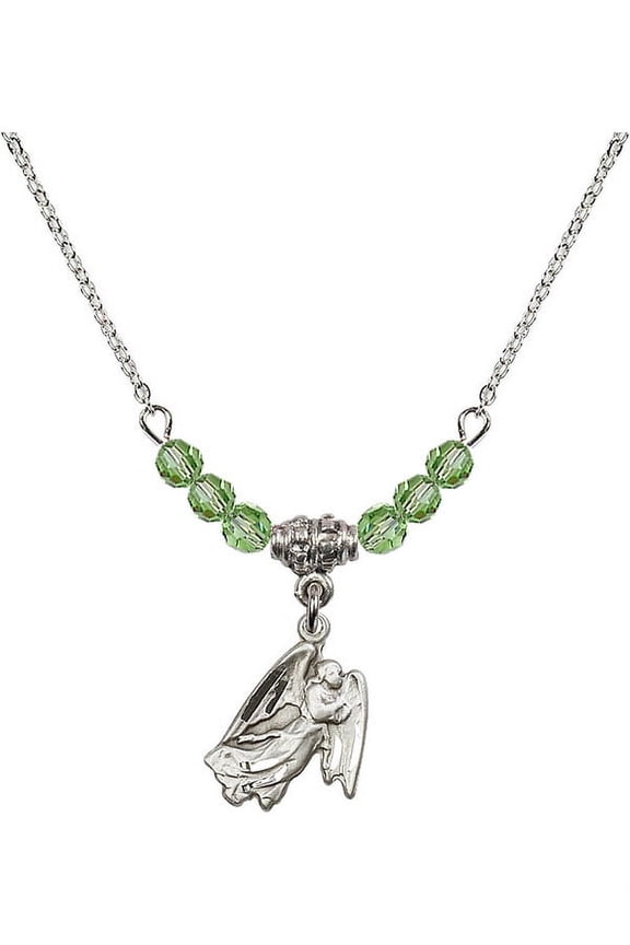 18-Inch Rhodium Plated Necklace with 4mm Green August Birth Month Stone Beads and Guardian Angel Charm