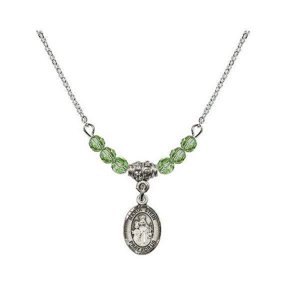 18-Inch Rhodium Plated Necklace with 4mm Green August Birth Month Stone Beads and Maria Stein Charm